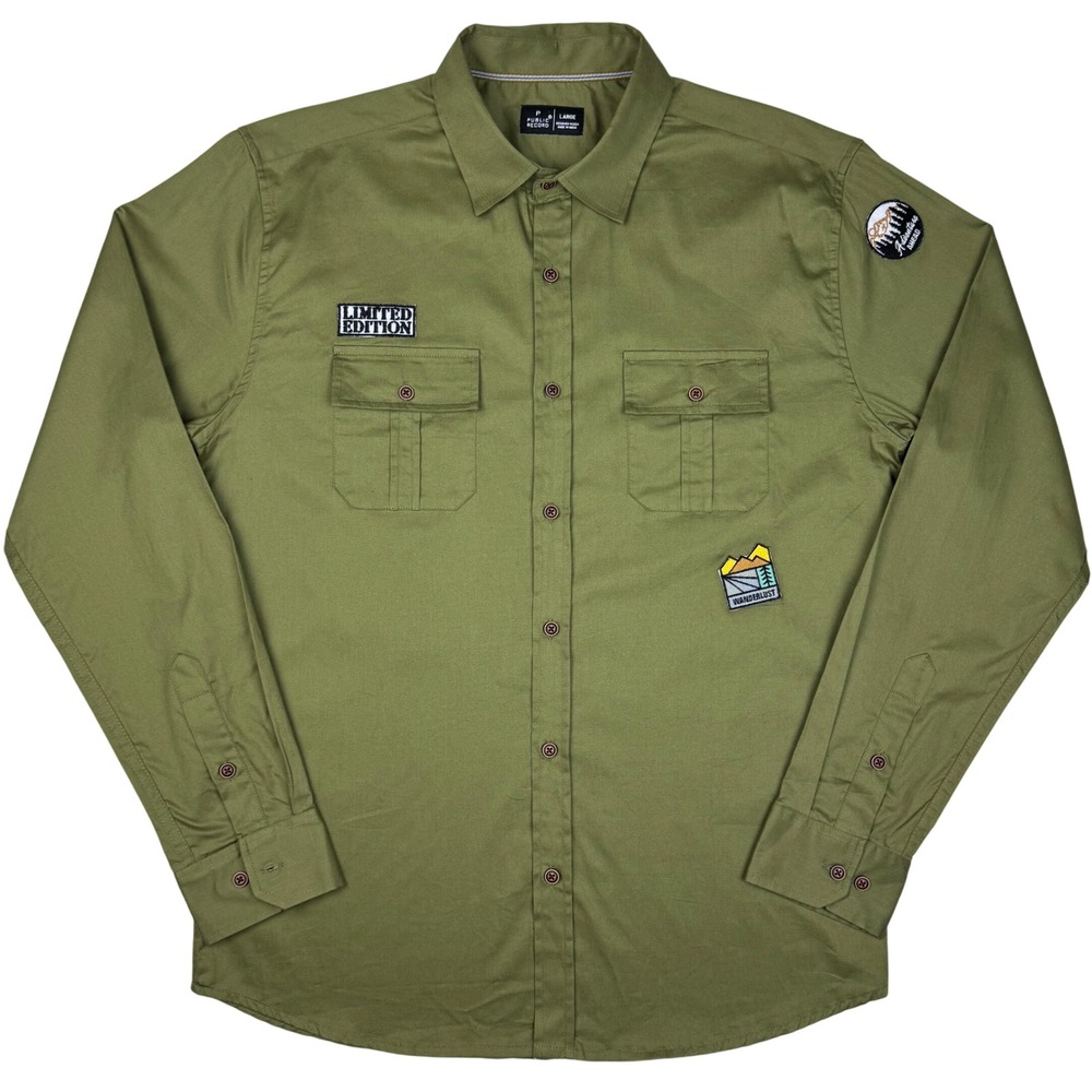 Public Record Martini Button Up Shirt Mens Large‎ Olive Twill Patches Military